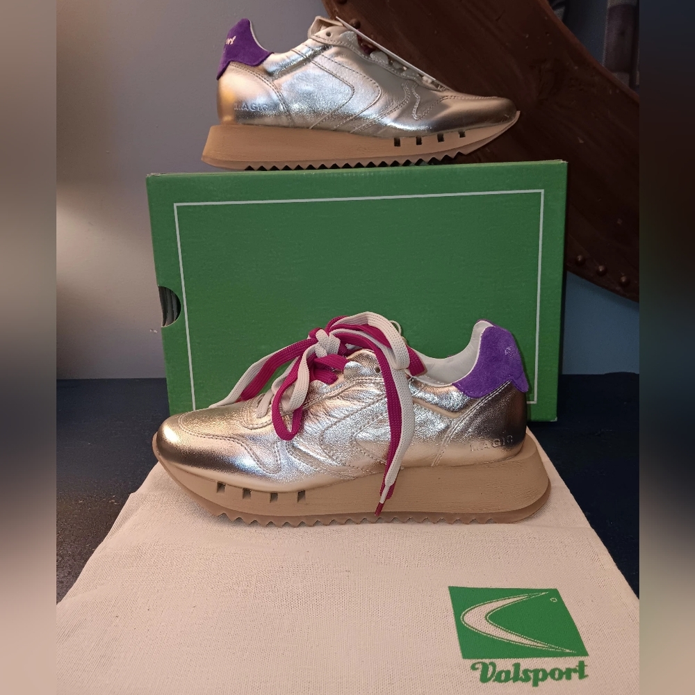 Valsport Women’s Metallic Platinum Sneakers with Purple Accents